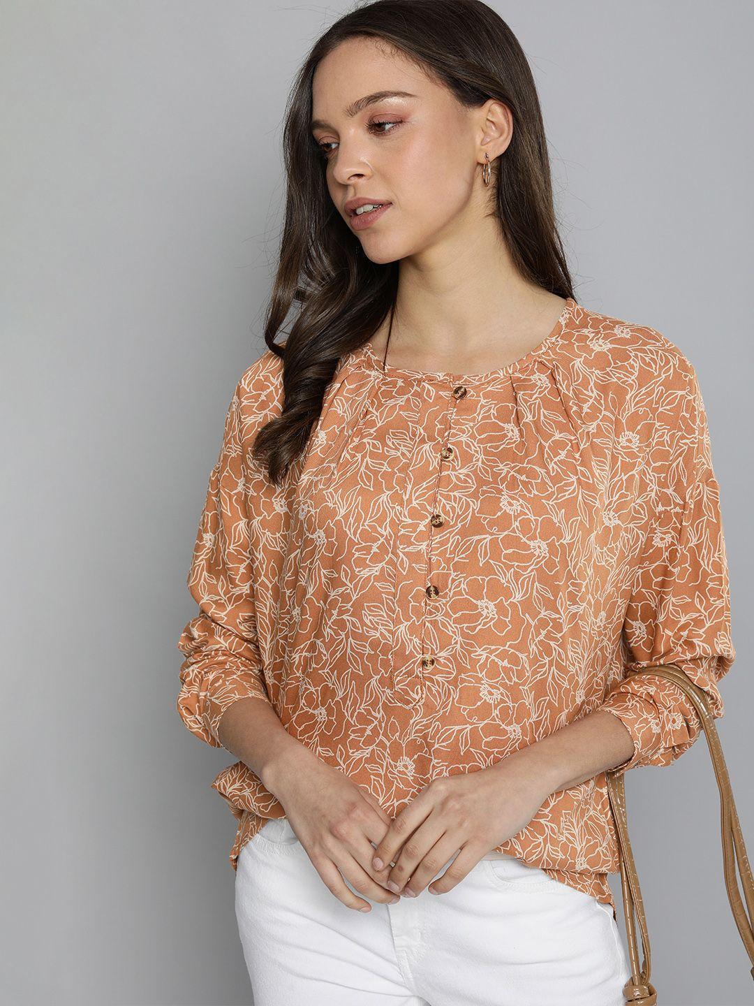 chemistry orange & white floral print shirt style top