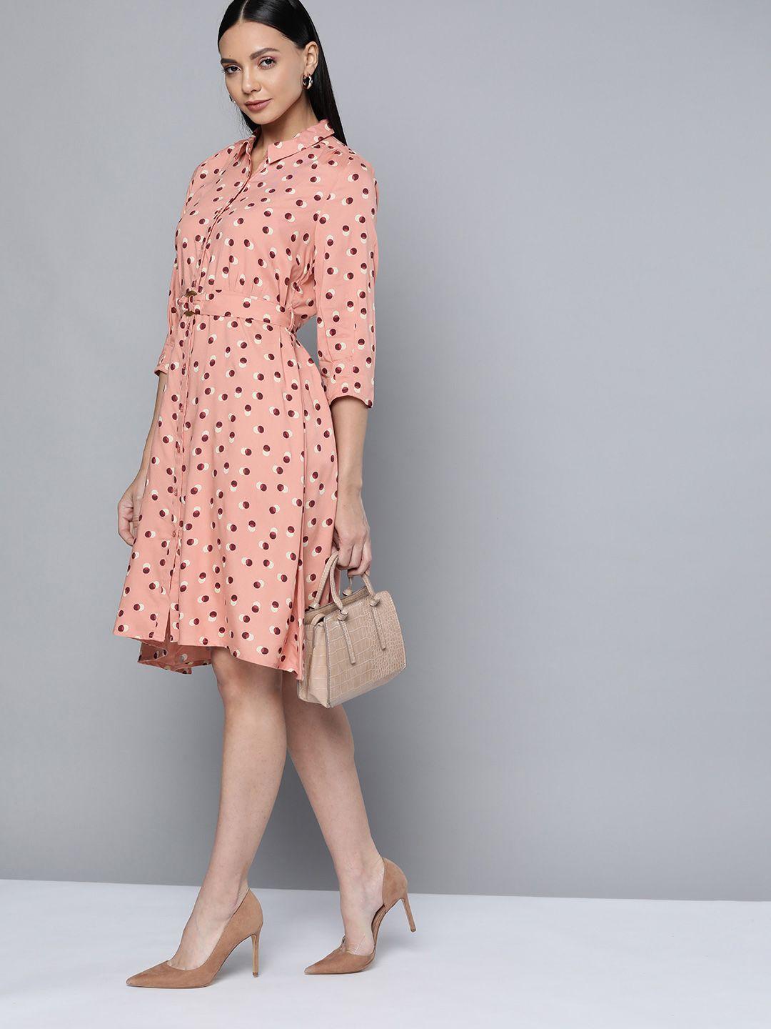 chemistry peach & cream-coloured geometric printed fit & flare dress with belt