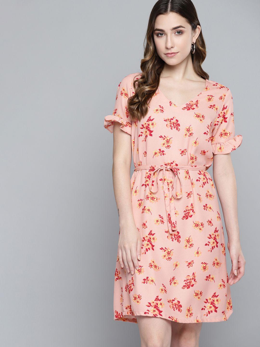 chemistry peach & red floral print a-line dress