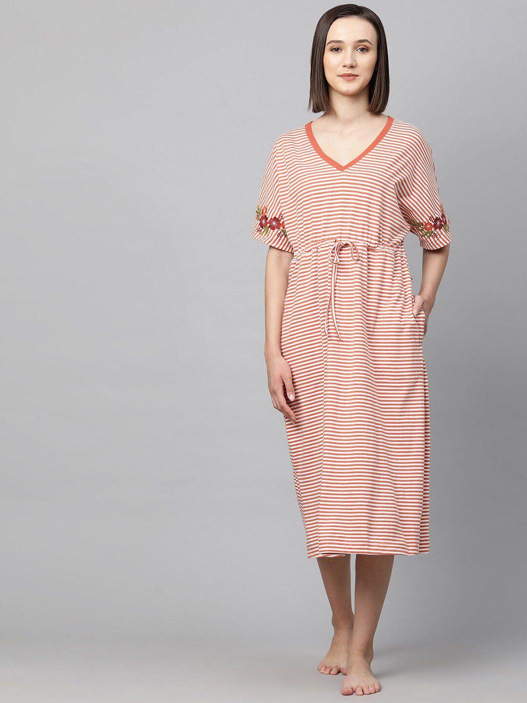 chemistry peach-coloured pure cotton striped and embroidery nightdress