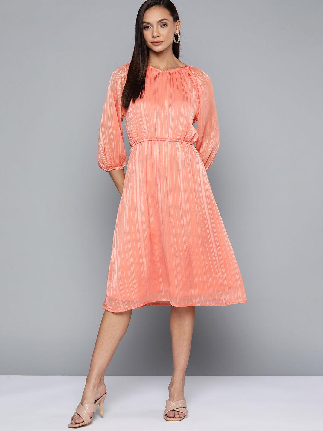 chemistry peach-coloured satin striped fit and flare dress