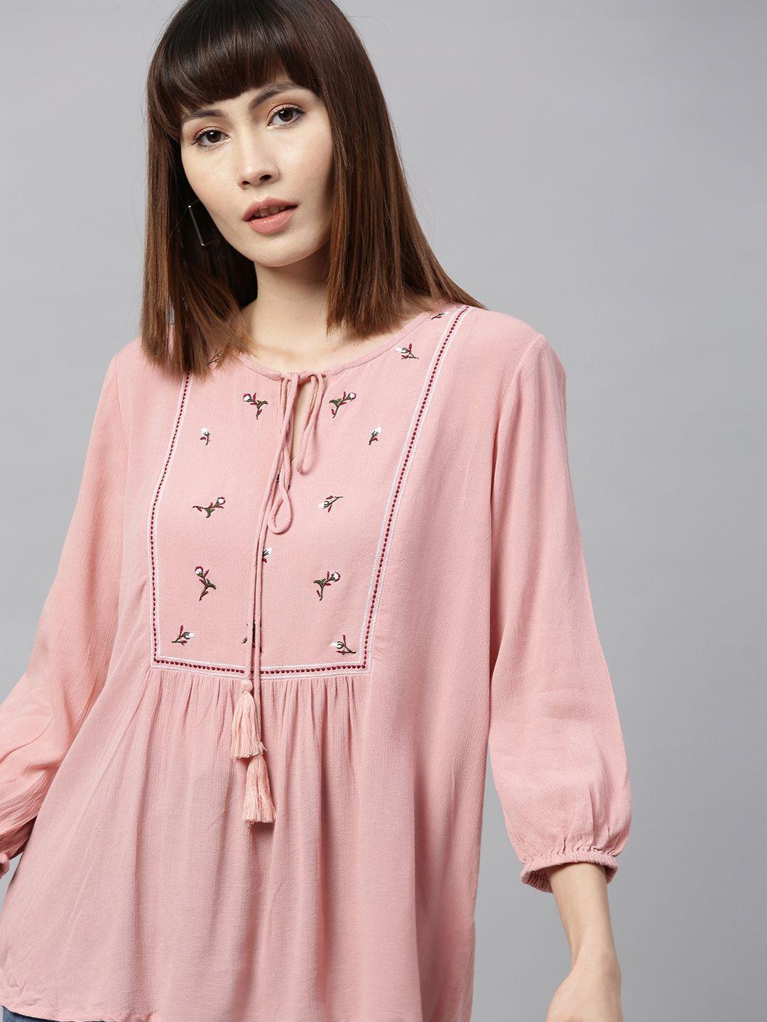 chemistry pink embroidered top with tie-up neck