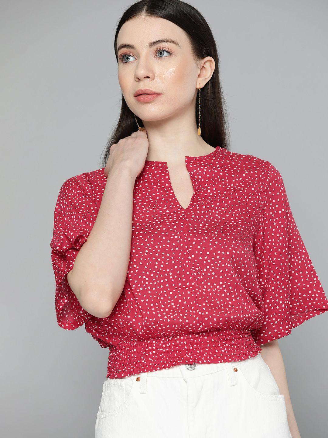 chemistry polka dot print flared sleeves blouson crop top with smocked detail