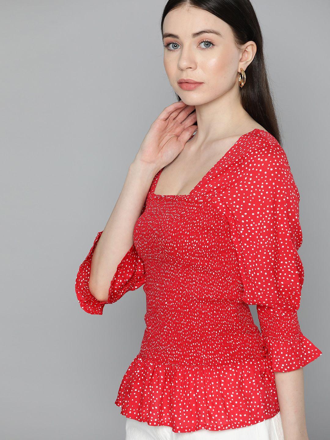 chemistry polka dot print puff sleeves peplum top with smocking detail