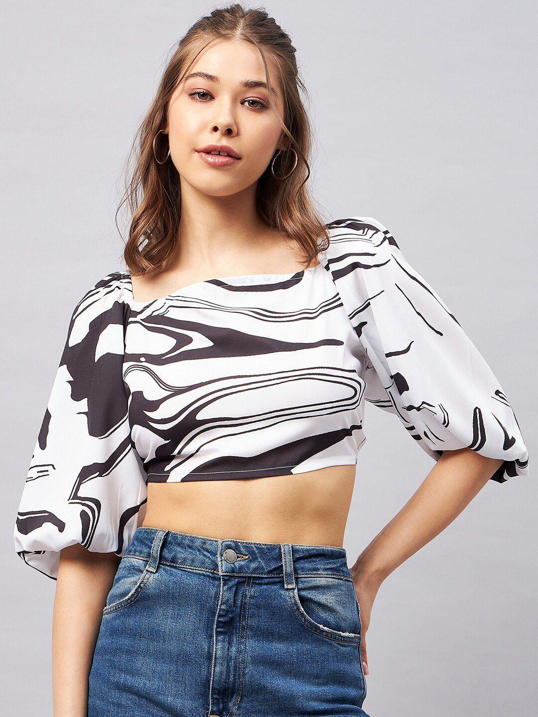 chemistry printed puff sleeves styled back crop top