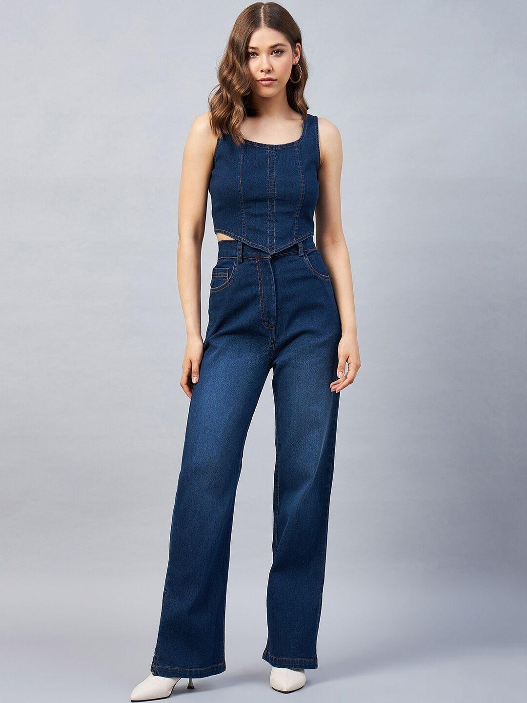 chemistry pure cotton round-neck denim top with slit flared jeans co-ords