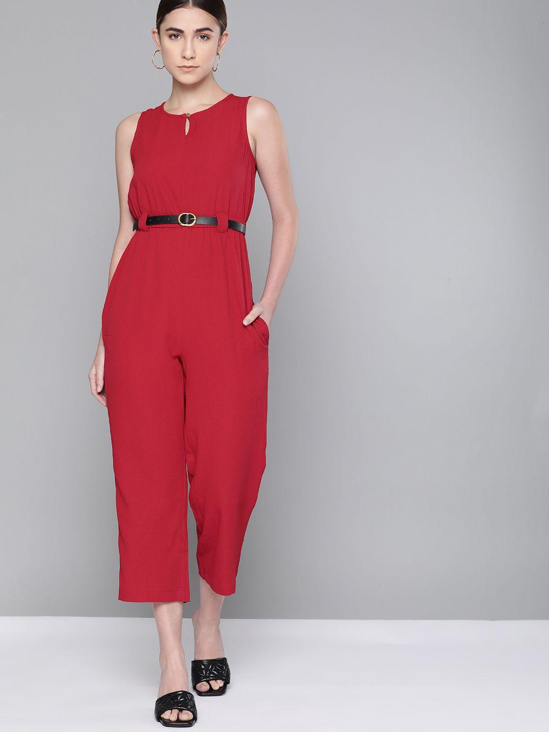 chemistry red cropped belted jumpsuit