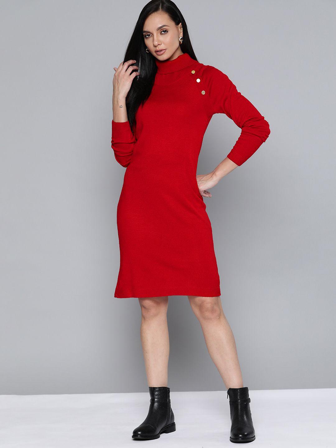 chemistry red solid high neck sweater dress with button detail