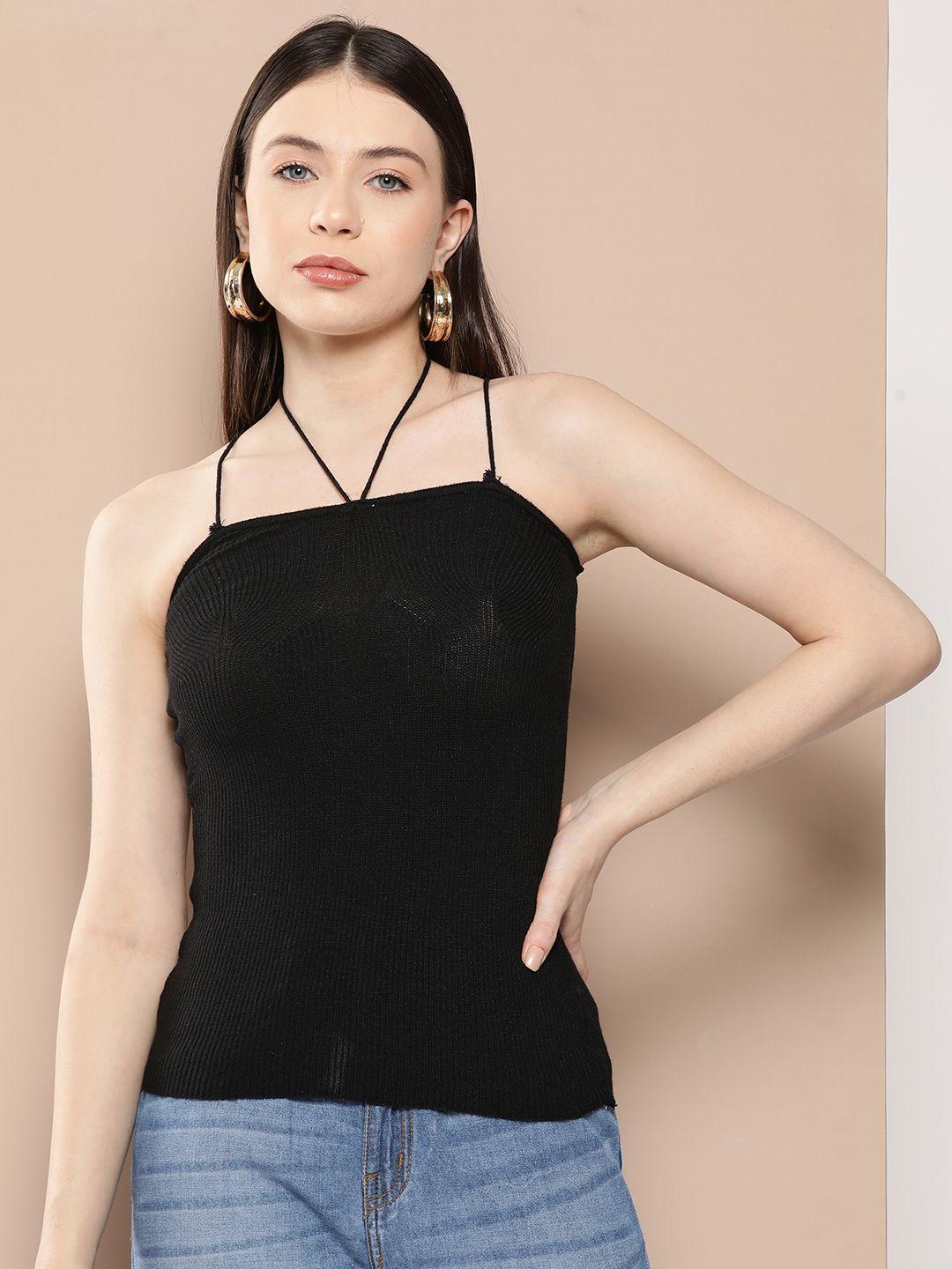 chemistry ribbed detail halter neck styled back top