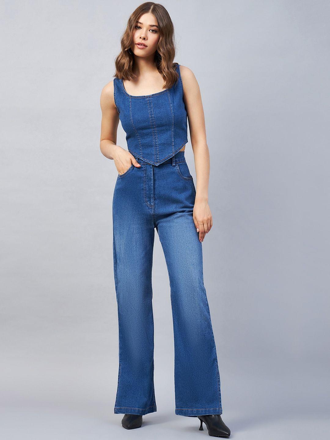 chemistry round neck denim top with slit flared jeans co-ords