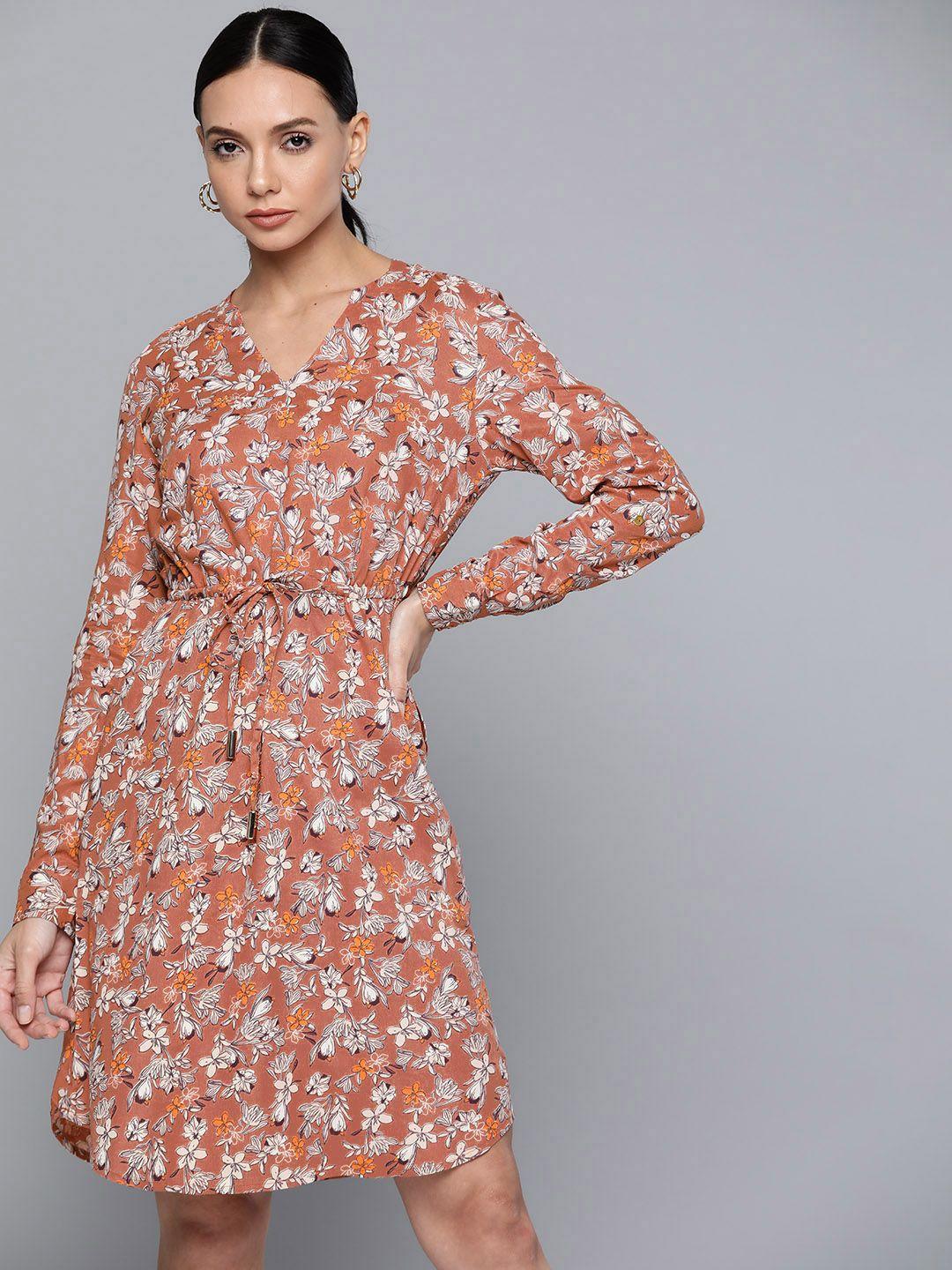 chemistry rust brown & beige floral print a-line dress