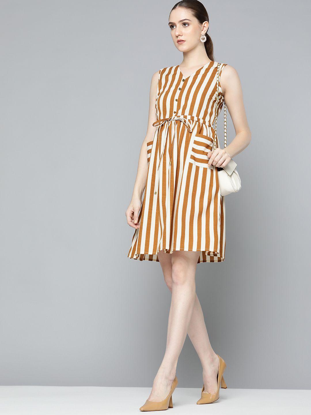 chemistry rust brown & cream-coloured striped a-line dress