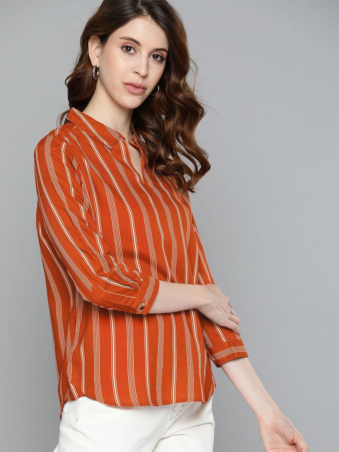 chemistry rust orange & off white striped shirt style top