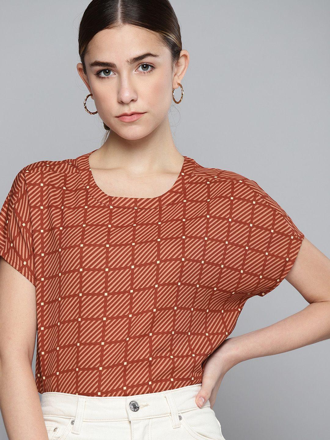 chemistry rust red & peach-coloured printed regular top