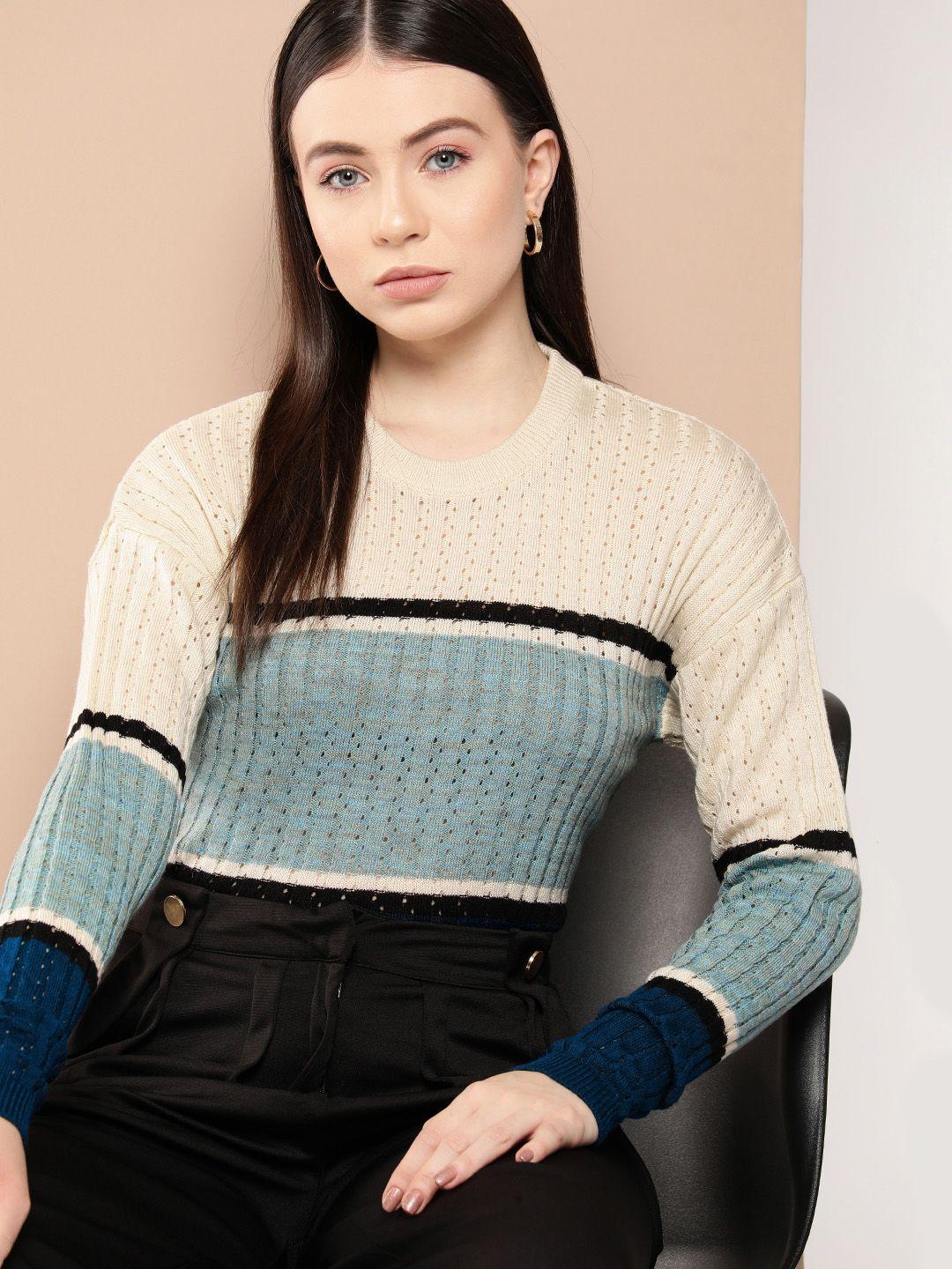 chemistry striped drop-shoulder sleeves open knit acrylic pullover