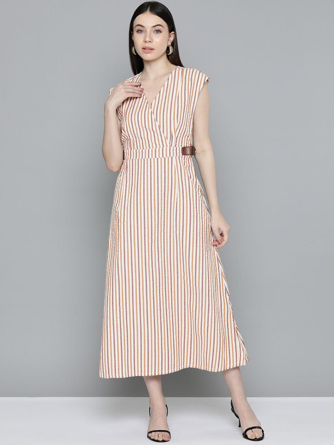 chemistry striped pure cotton midi dress with belted detail