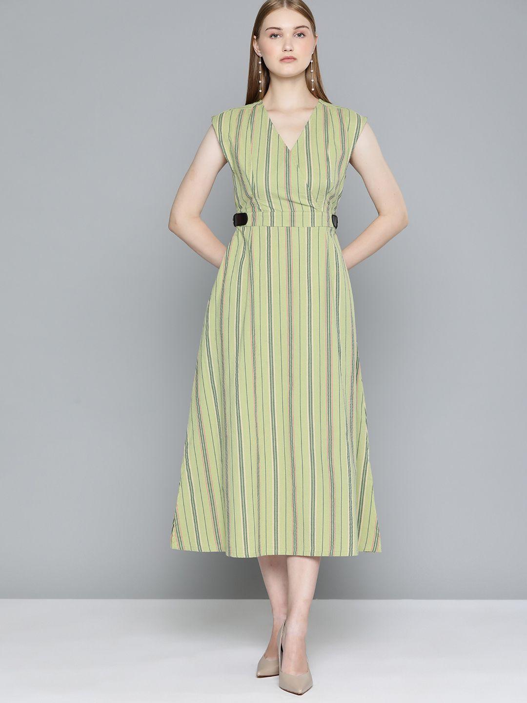 chemistry striped pure cotton puff sleeve belted wrap midi dress