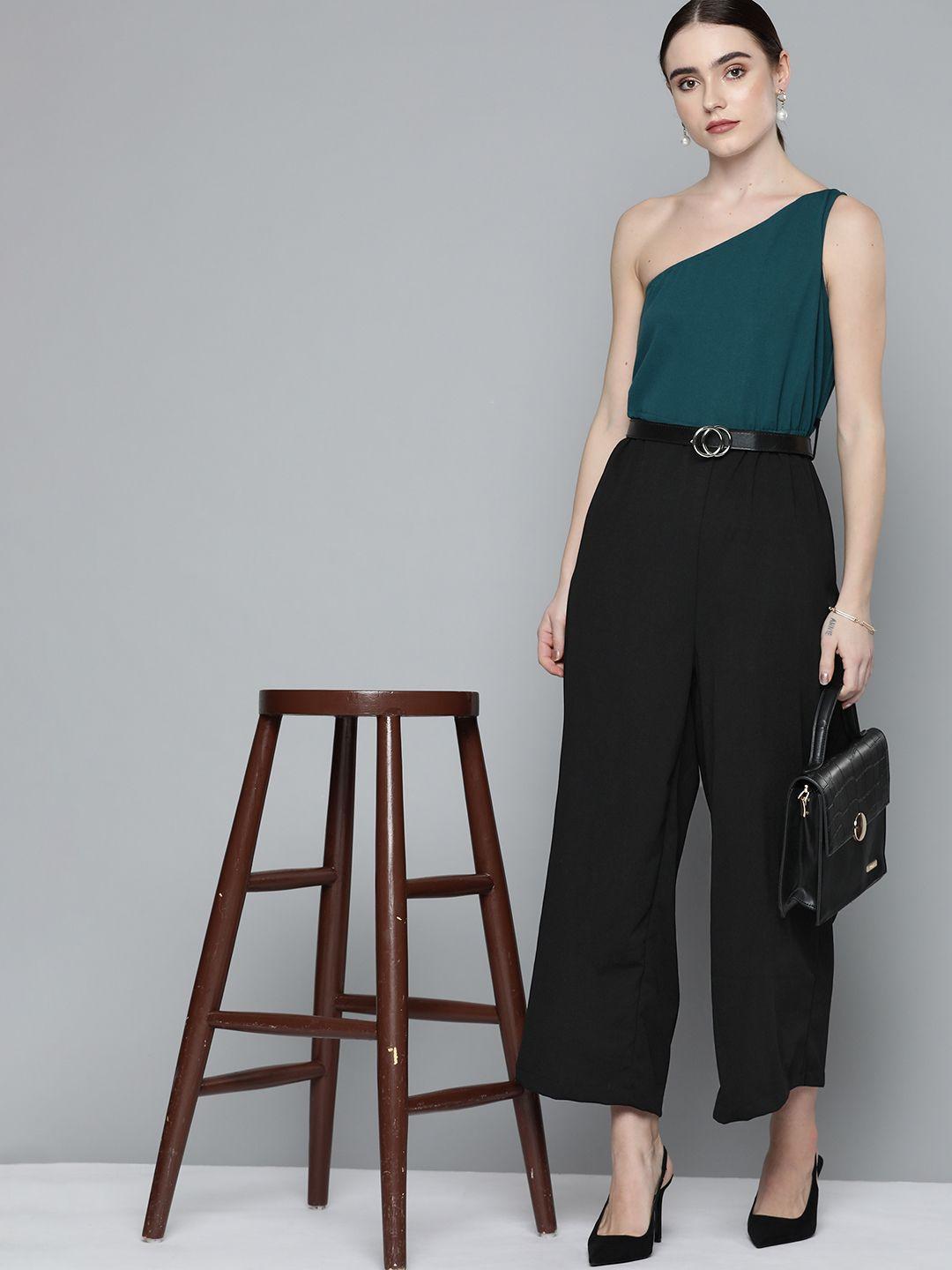 chemistry teal blue & black colourblocked one-shoulder basic jumpsuit