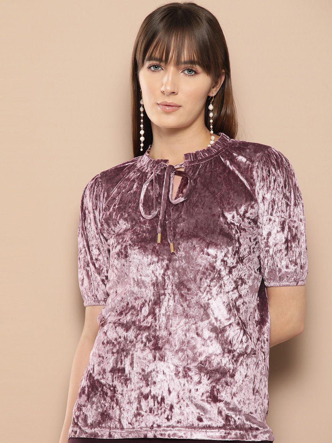 chemistry tie-up neck puff sleeve velvet top