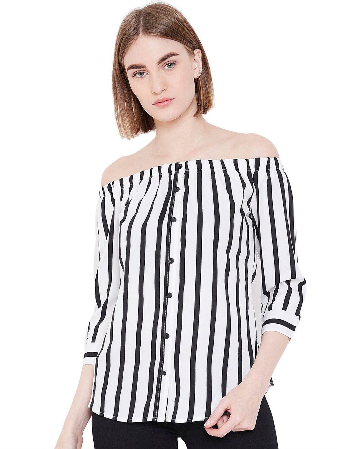 chemistry vertical stripes off-shoulder cuffed sleeves bardot top