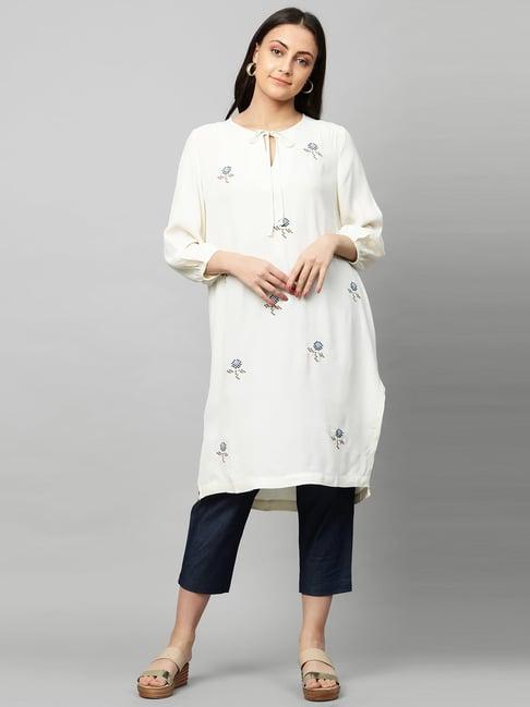 chemistry white & grey embroidered kurta pant set