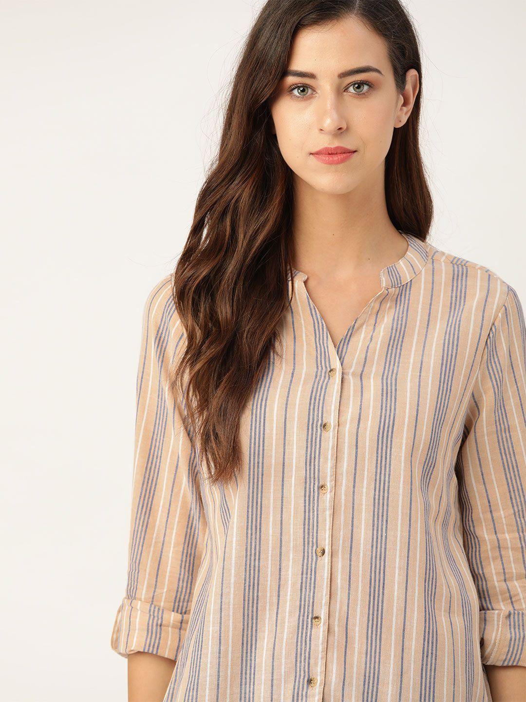 chemistry women beige & blue striped casual shirt