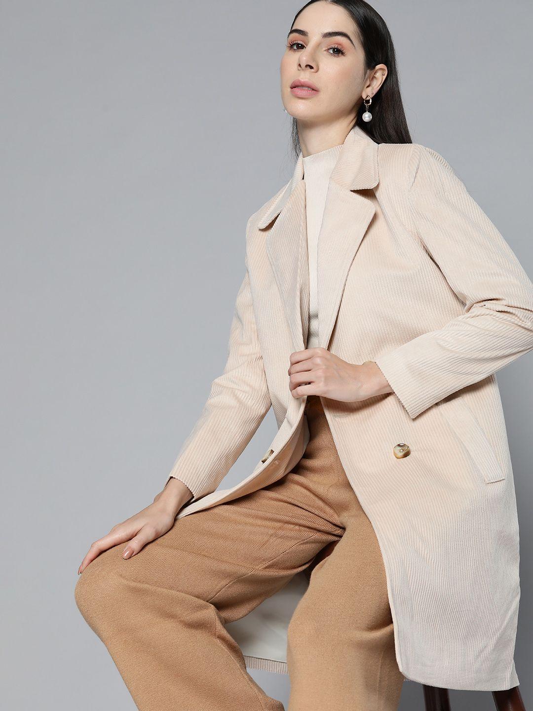 chemistry women beige solid corduroy overcoat