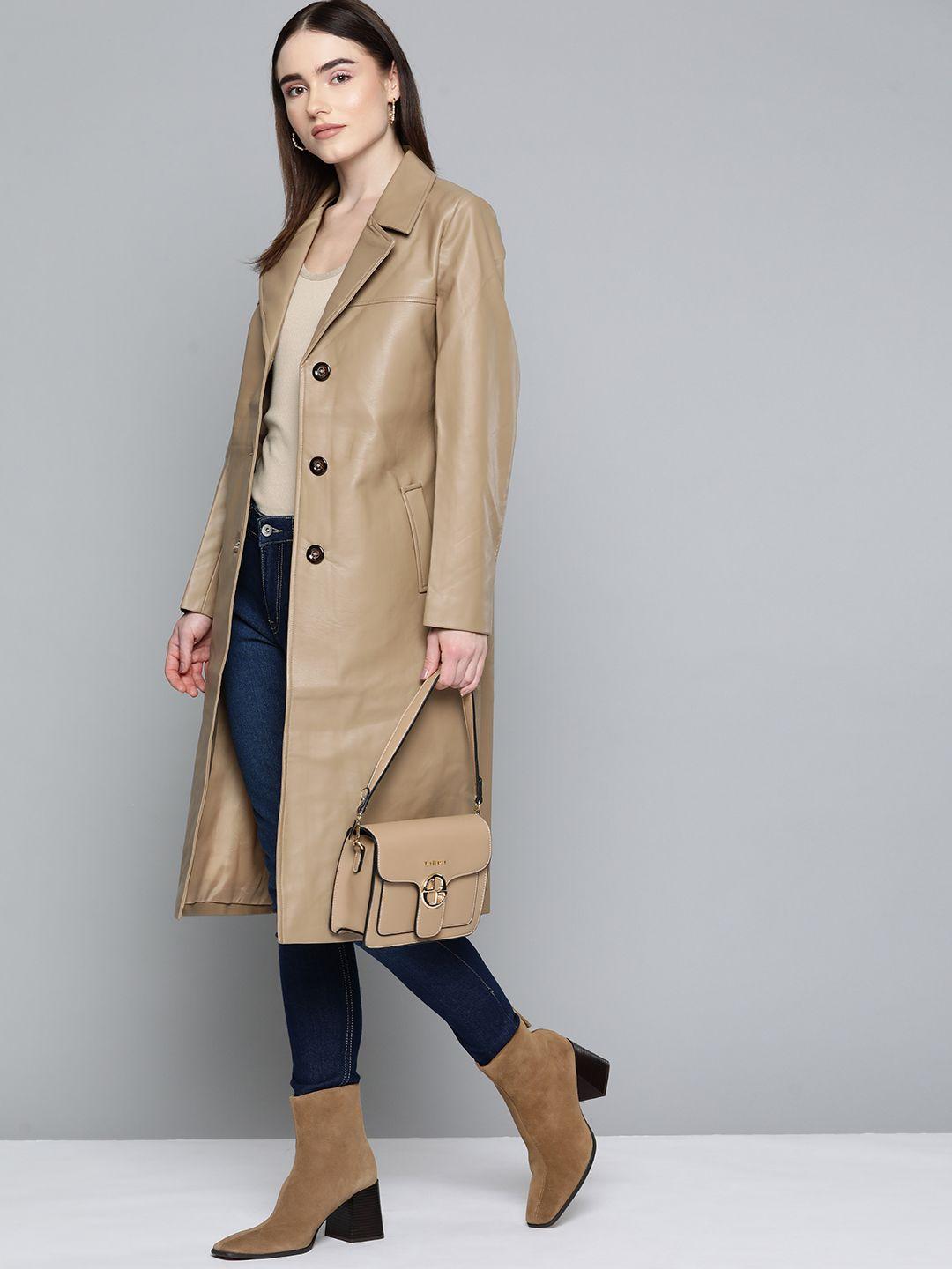 chemistry women beige solid faux leather over coat