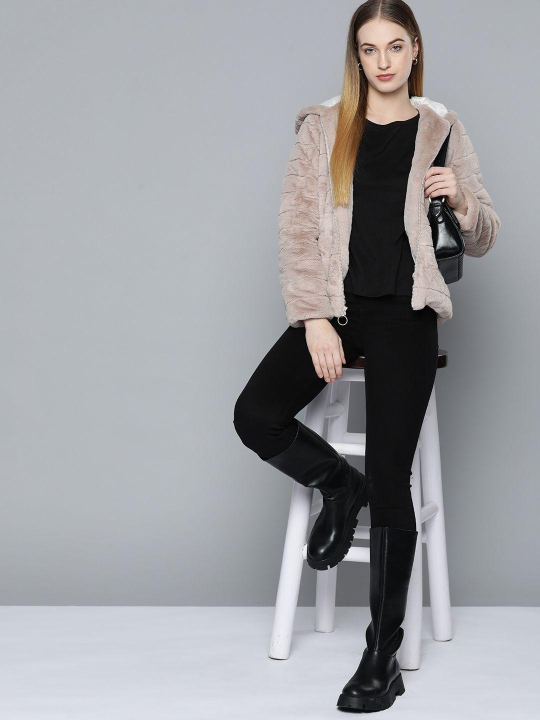 chemistry women beige solid fur sherpa jacket