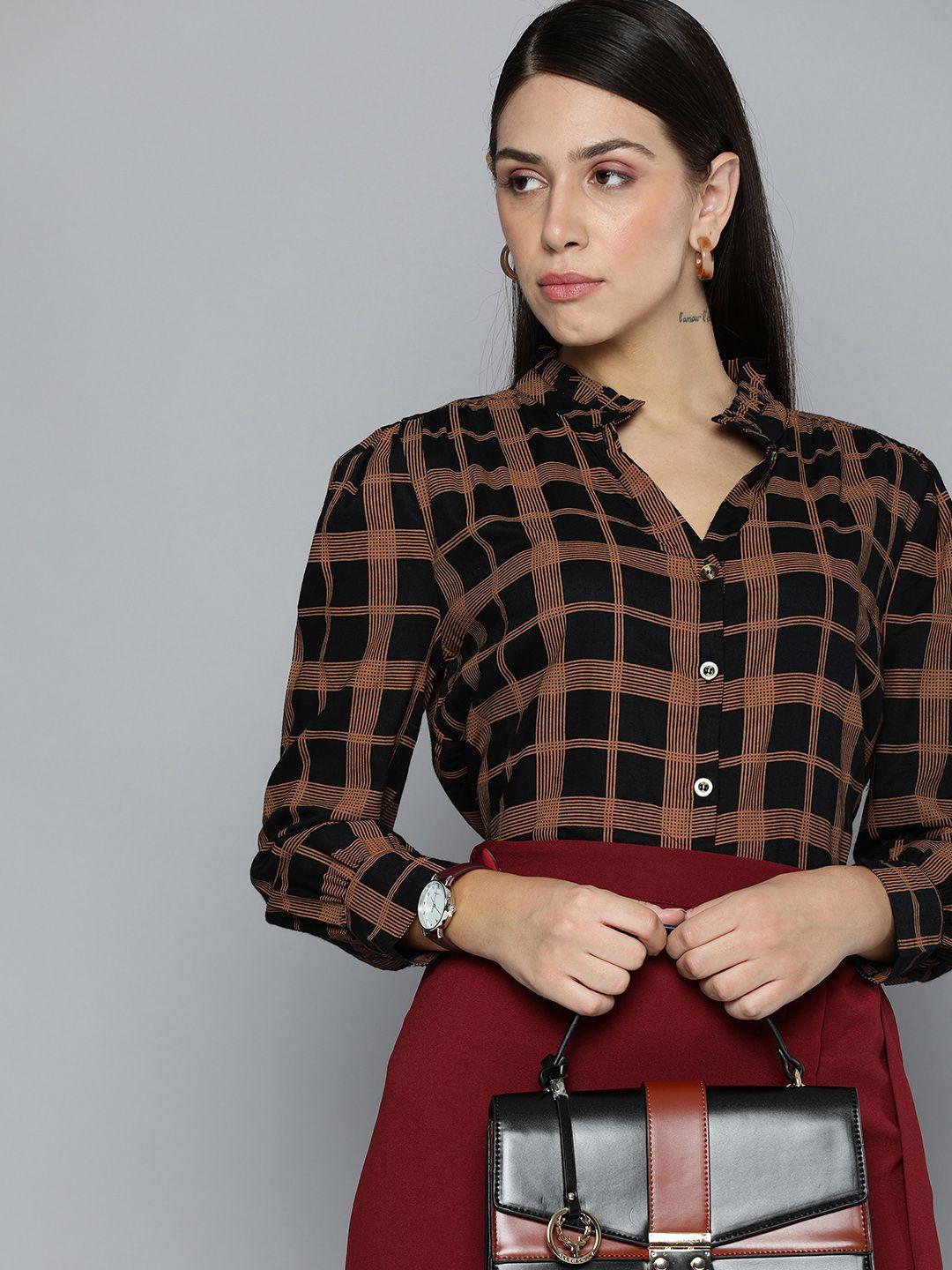 chemistry women black & brown checked casual shirt