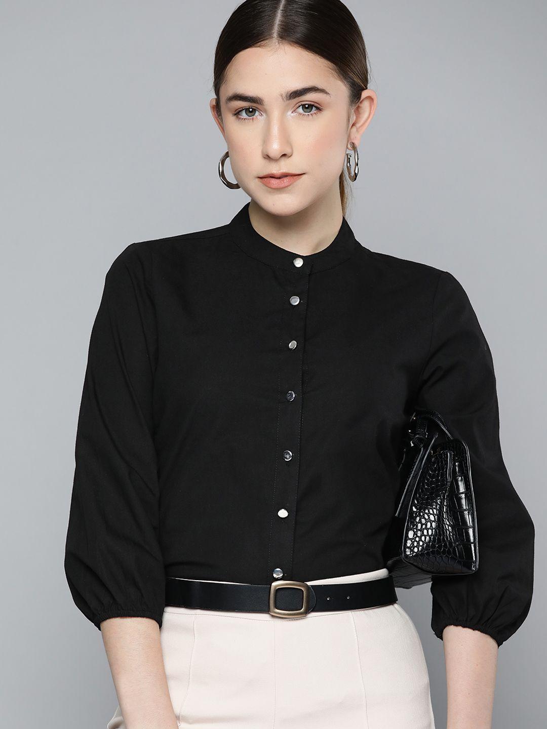 chemistry women black pure cotton solid puff sleeves formal shirt