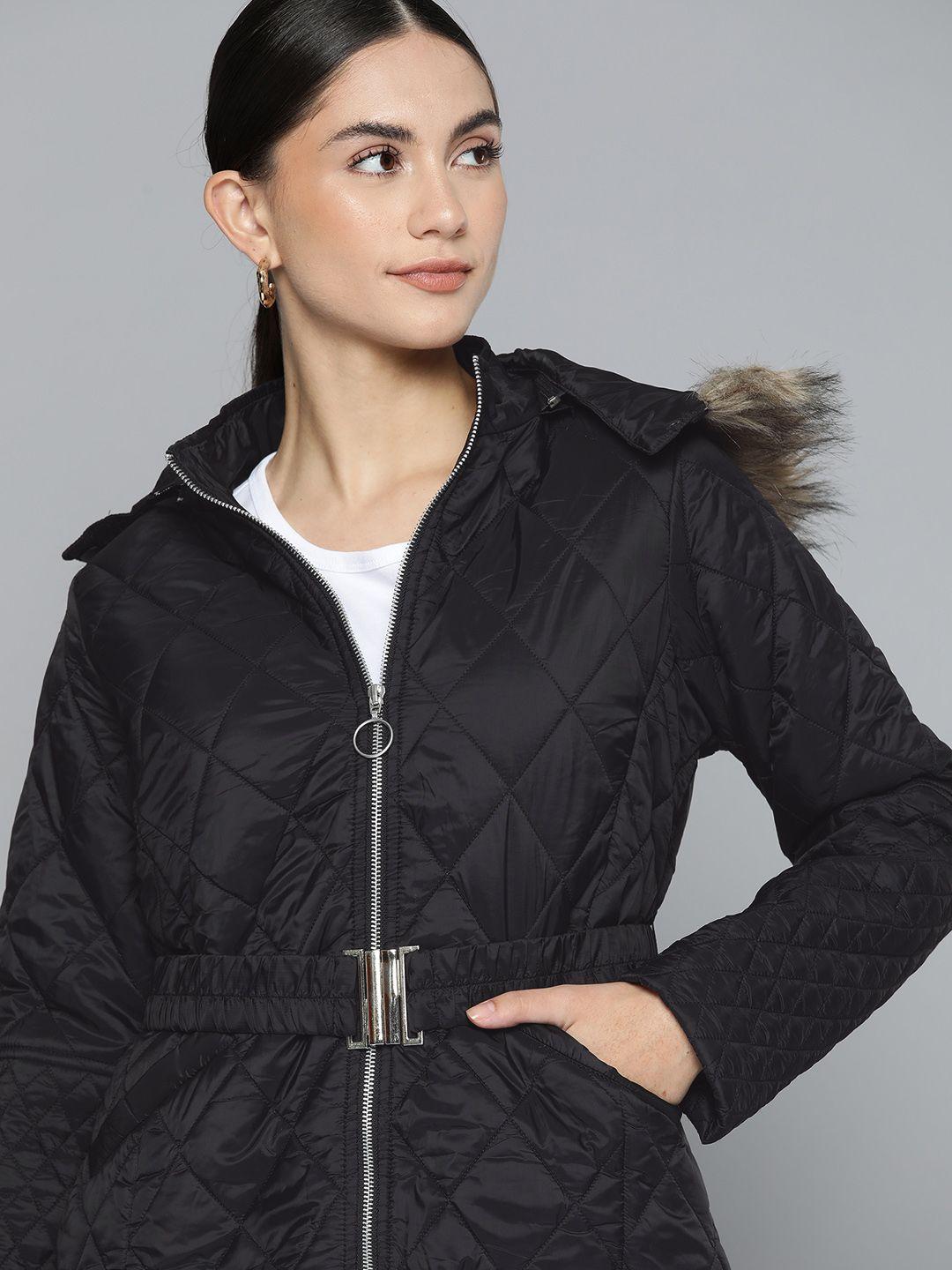 chemistry women black quilted parka jacket with belt