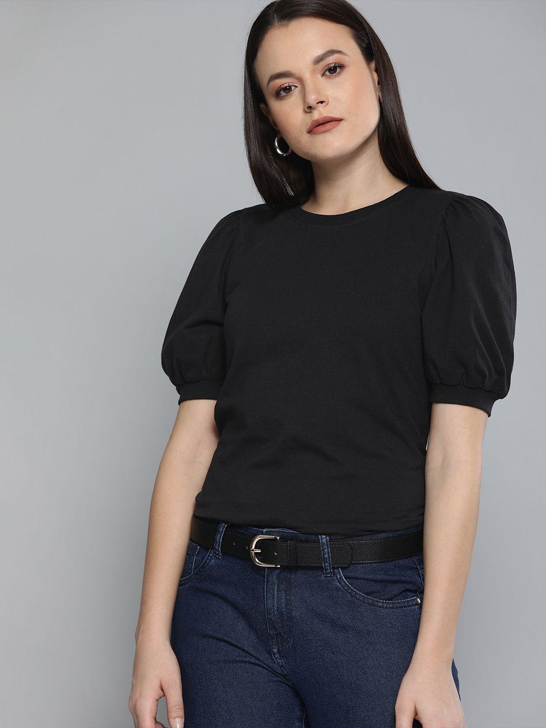 chemistry women black solid pure cotton top with puffed sleeves