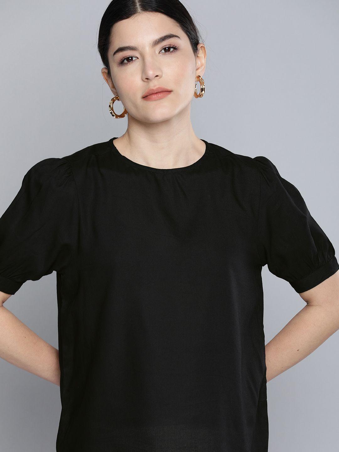 chemistry women black solid round neck puff sleeves regular top