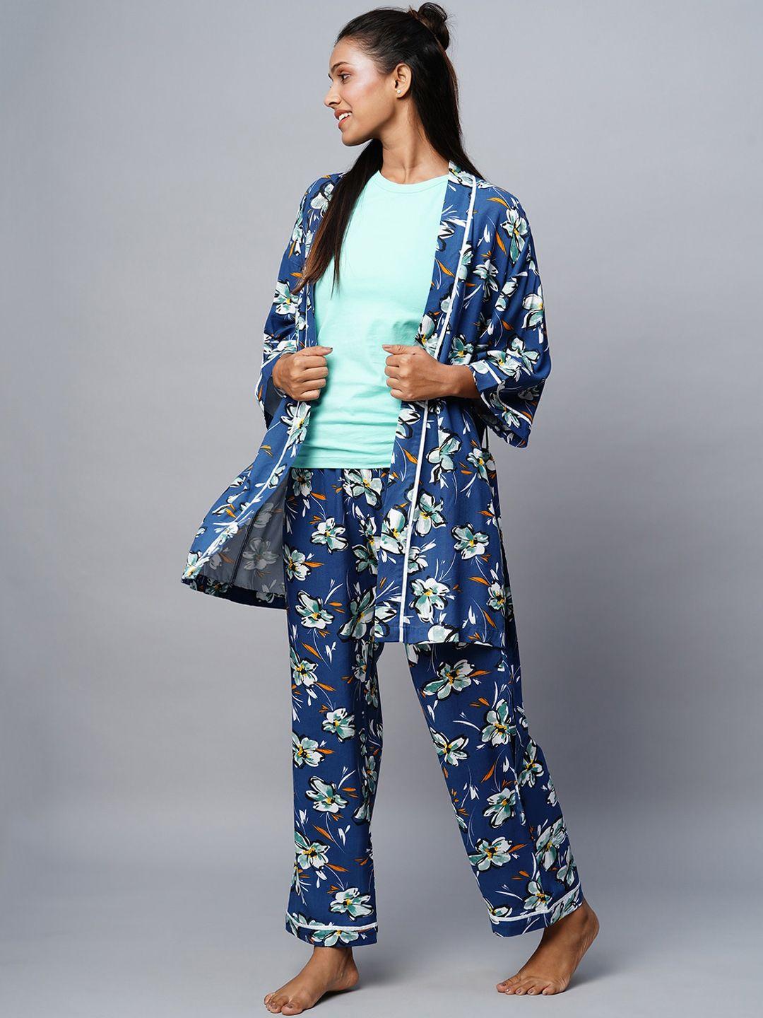 chemistry women blue & green printed night suit