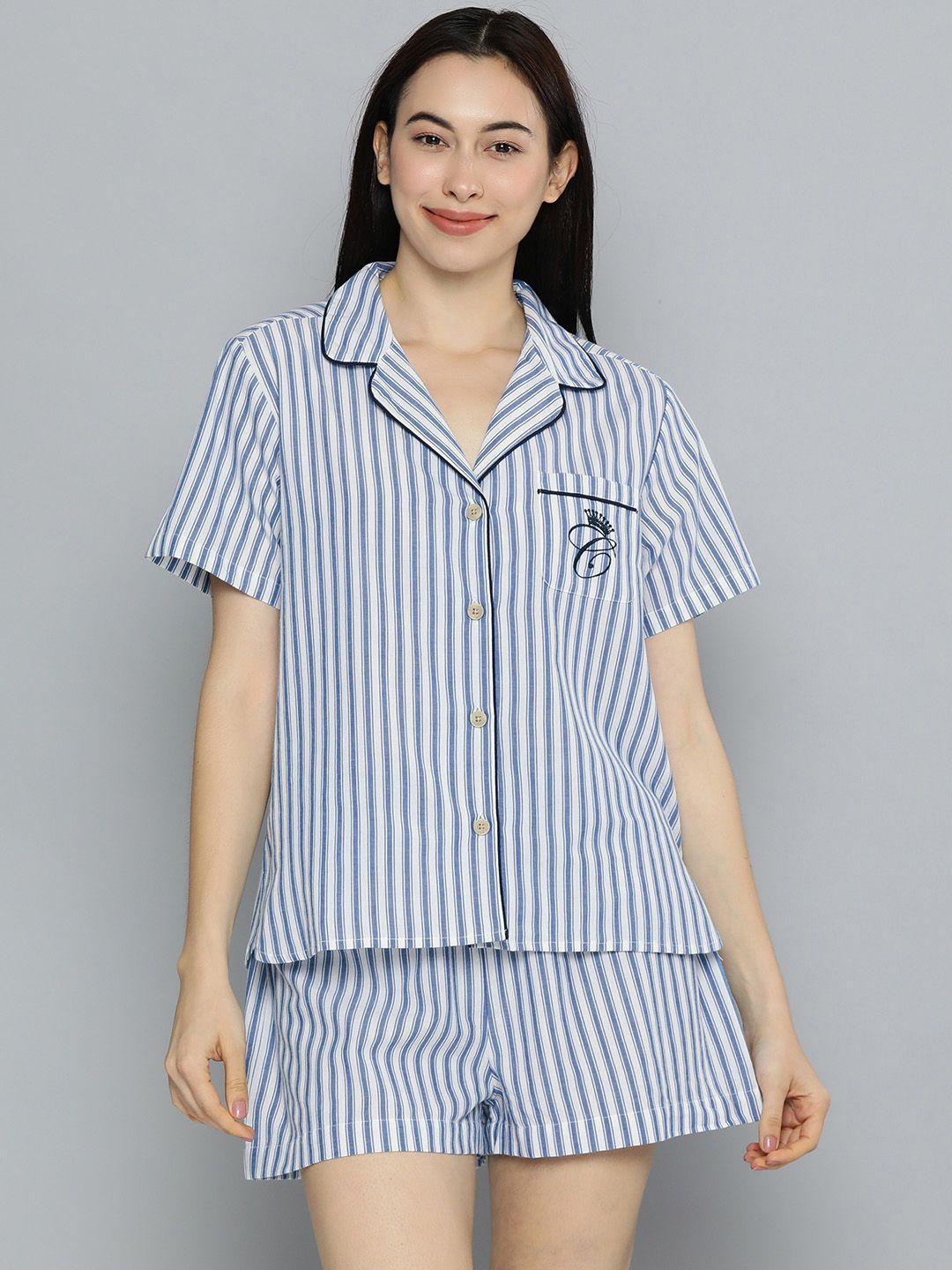 chemistry women blue & white striped night suit