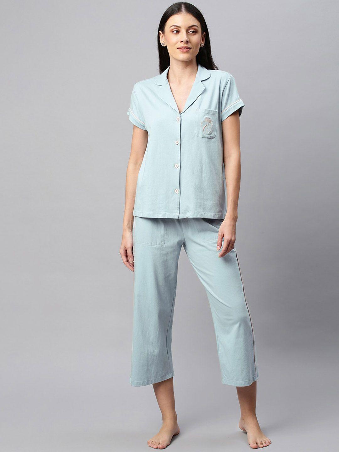 chemistry women blue cotton night suit