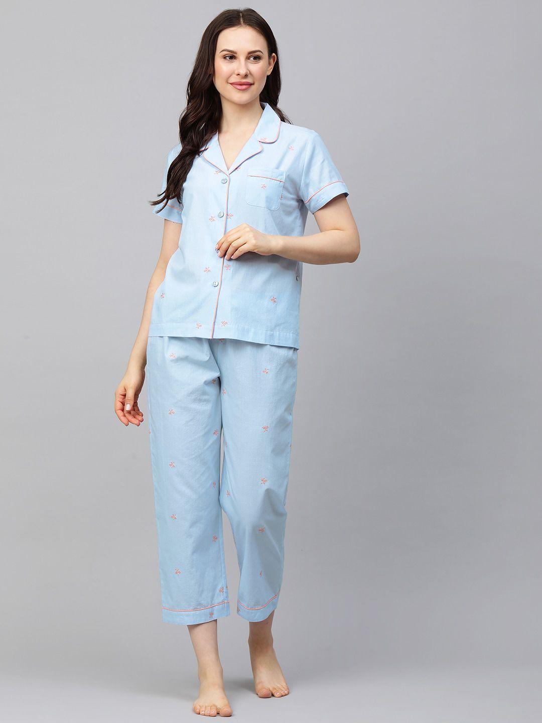 chemistry women blue embroidered cotton chambray night suit