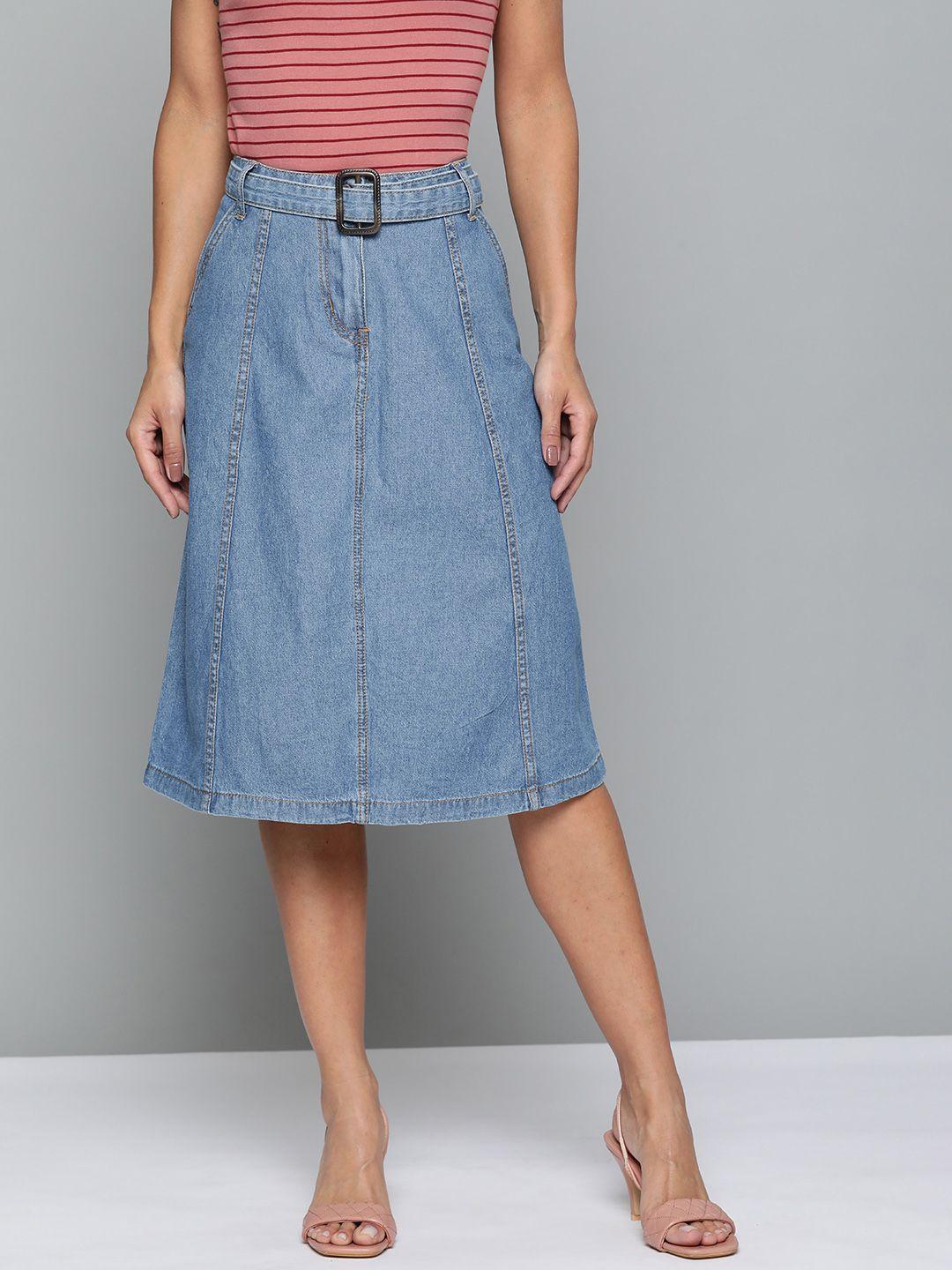 chemistry women blue pure cotton denim a-line midi skirt