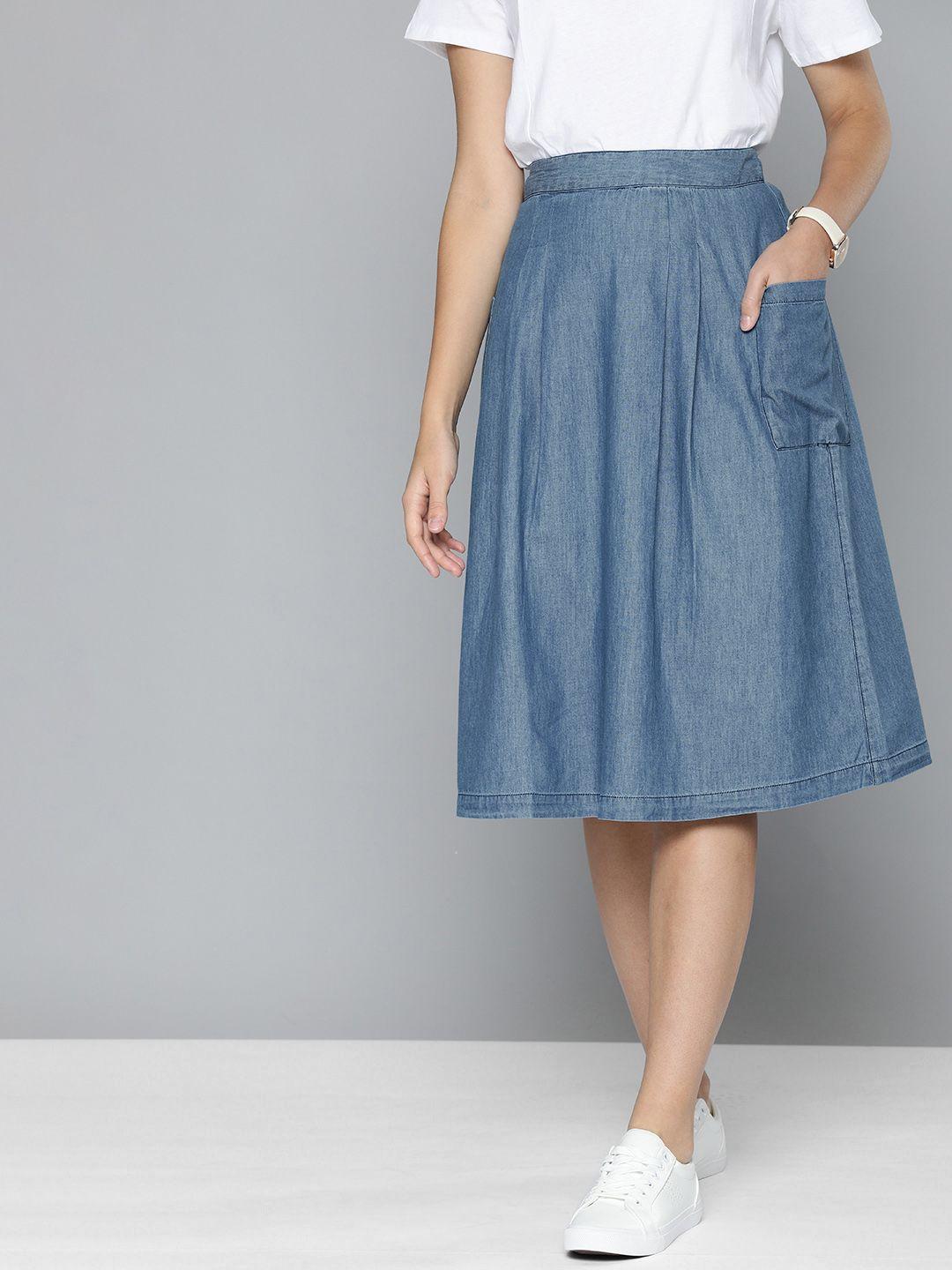 chemistry women blue pure cotton knee-length a-line flared skirt