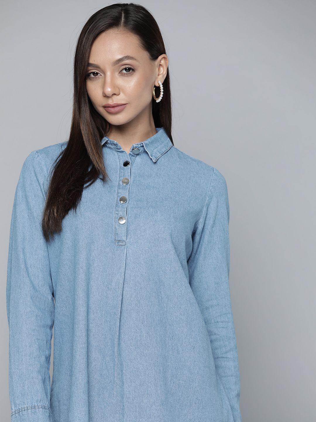 chemistry women blue pure cotton solid denim casual shirt