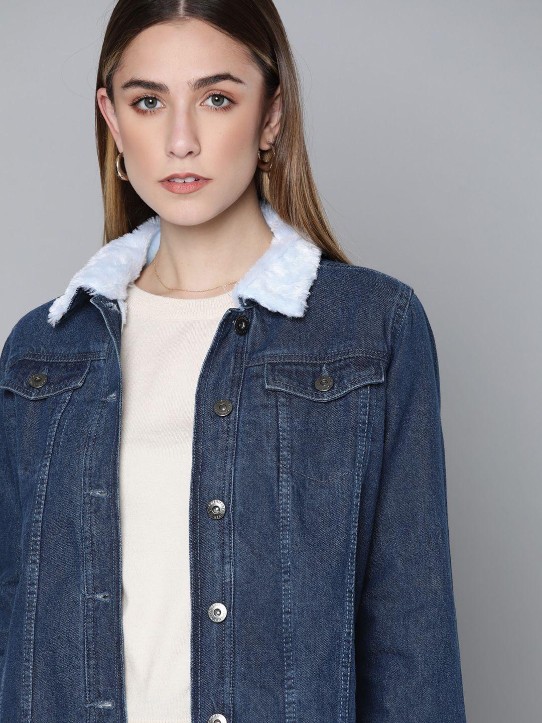 chemistry women blue pure cotton solid denim jacket