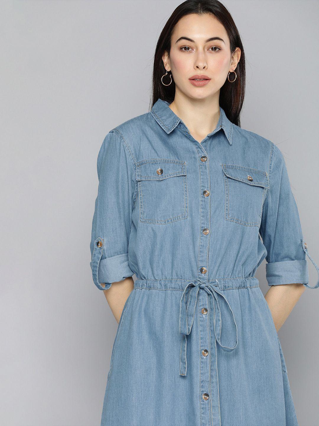 chemistry women blue solid denim fit and flare dress