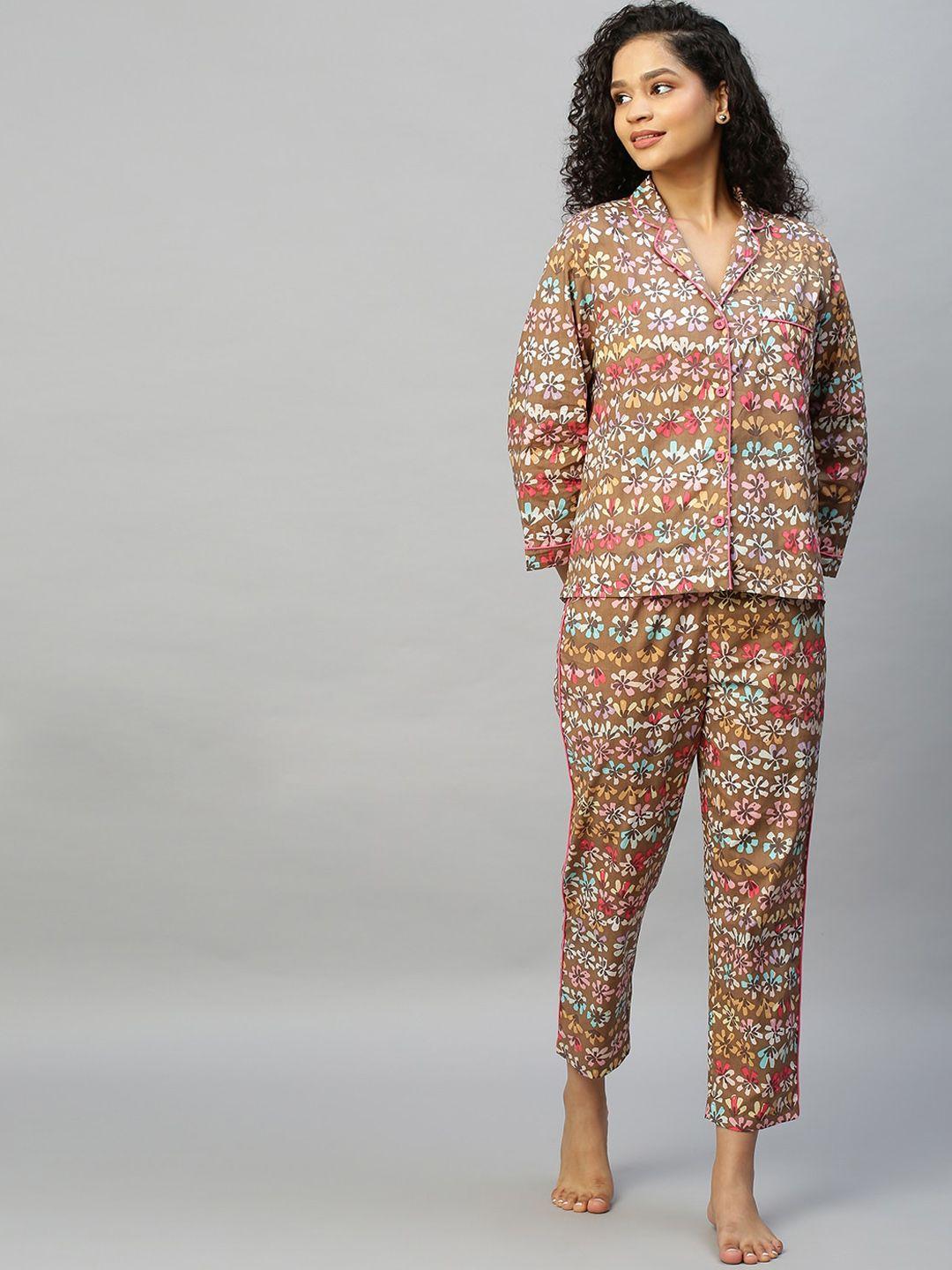 chemistry women brown & pink printed night suit