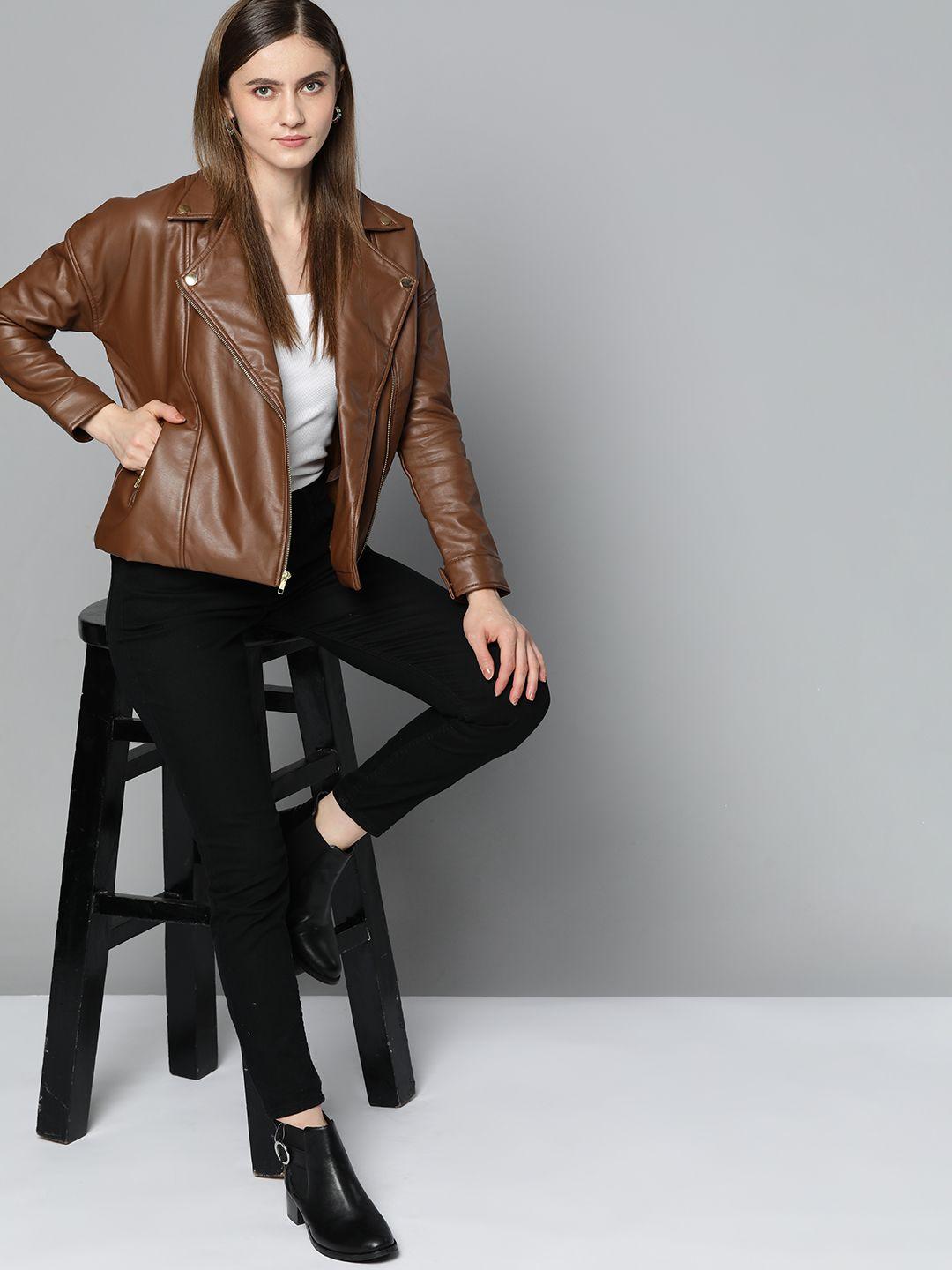 chemistry women brown lapel collar biker jacket