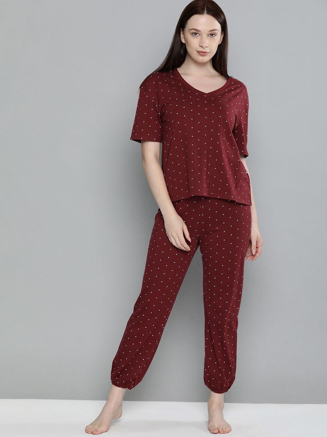 chemistry women burgundy & off-white polka dots printed night suit