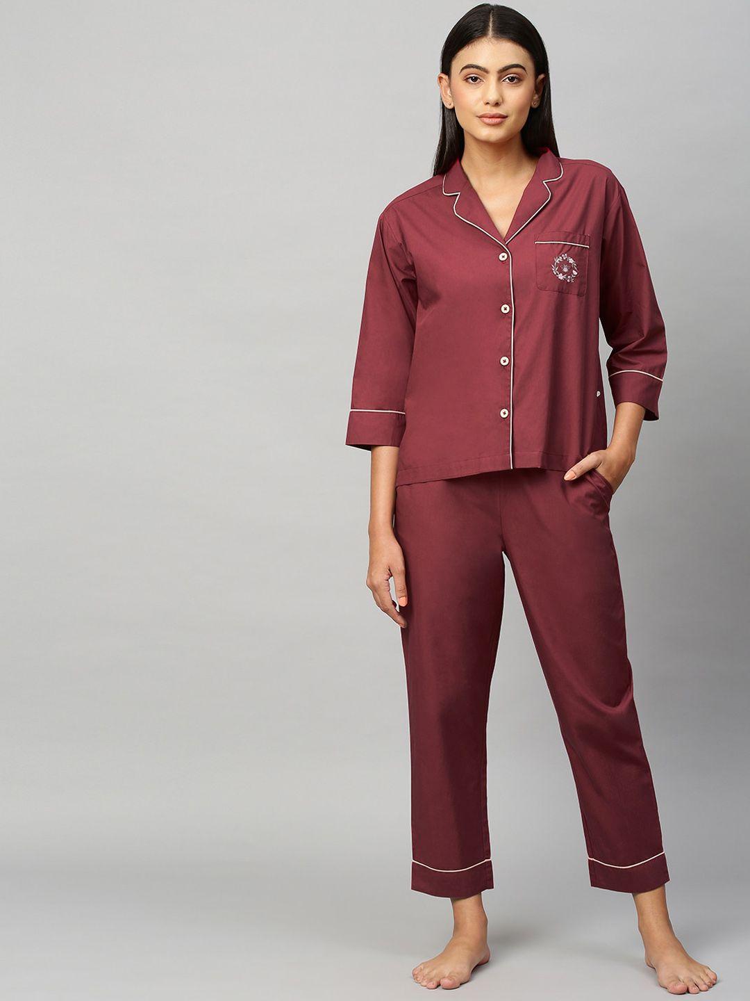 chemistry women burgundy & white night suit