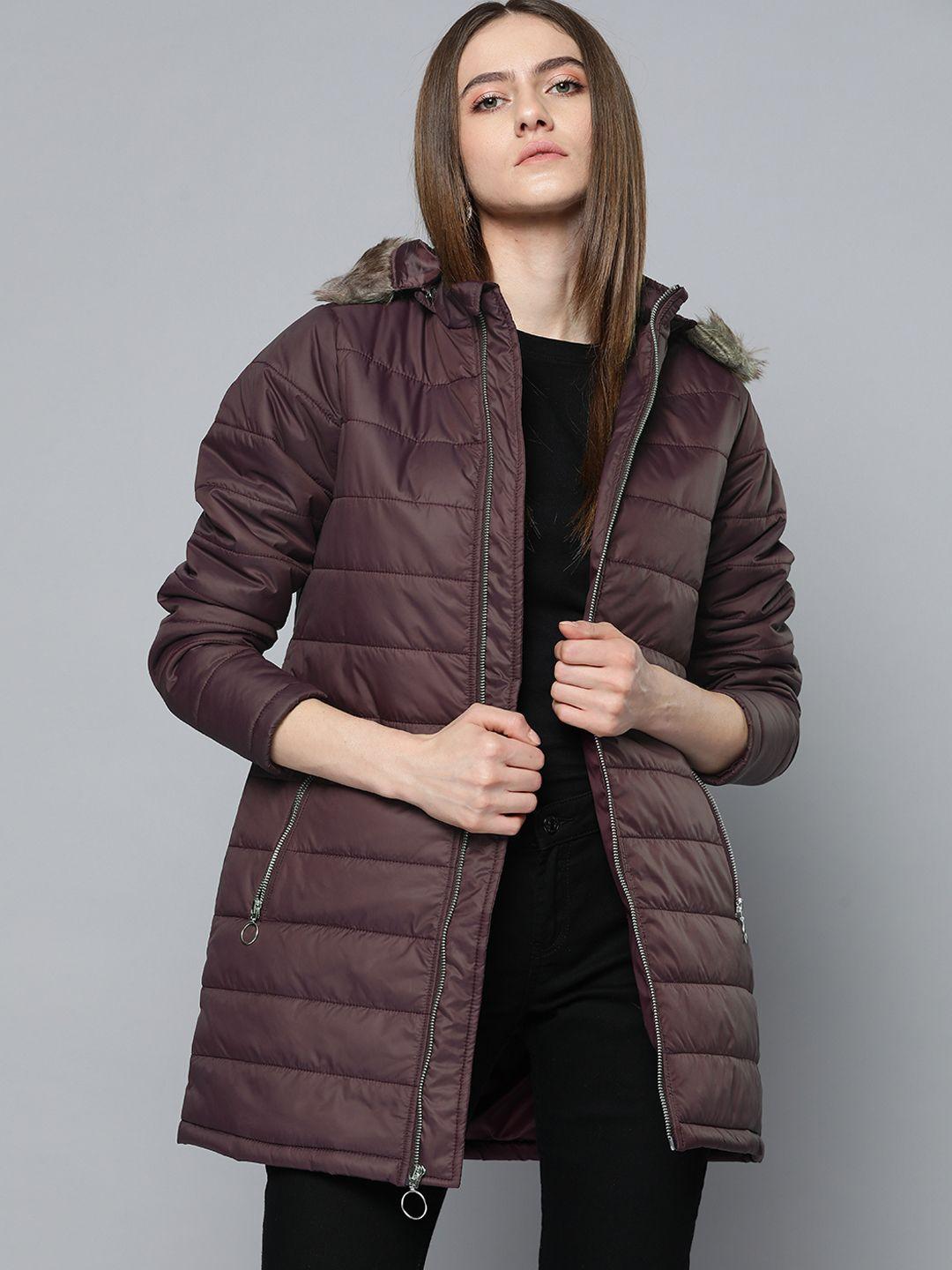 chemistry women burgundy solid quilted with faux fur trim  longline jacket