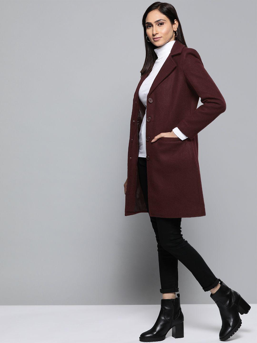 chemistry women burgundy solid trench coat