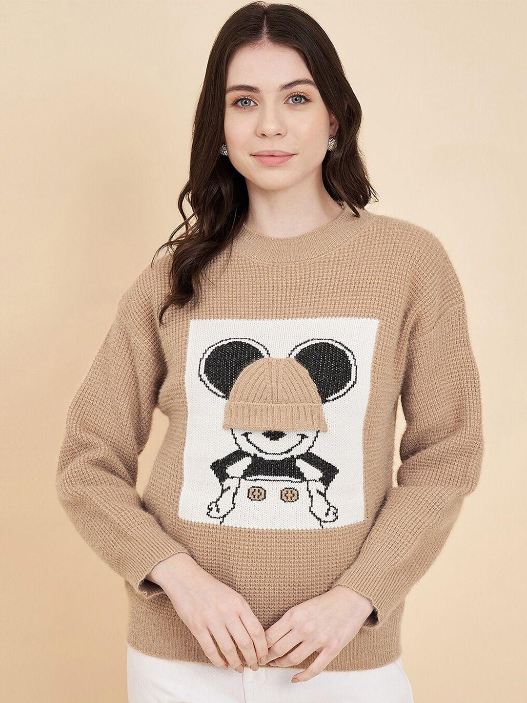 chemistry women camel brown humour and comic printed woollen pullover